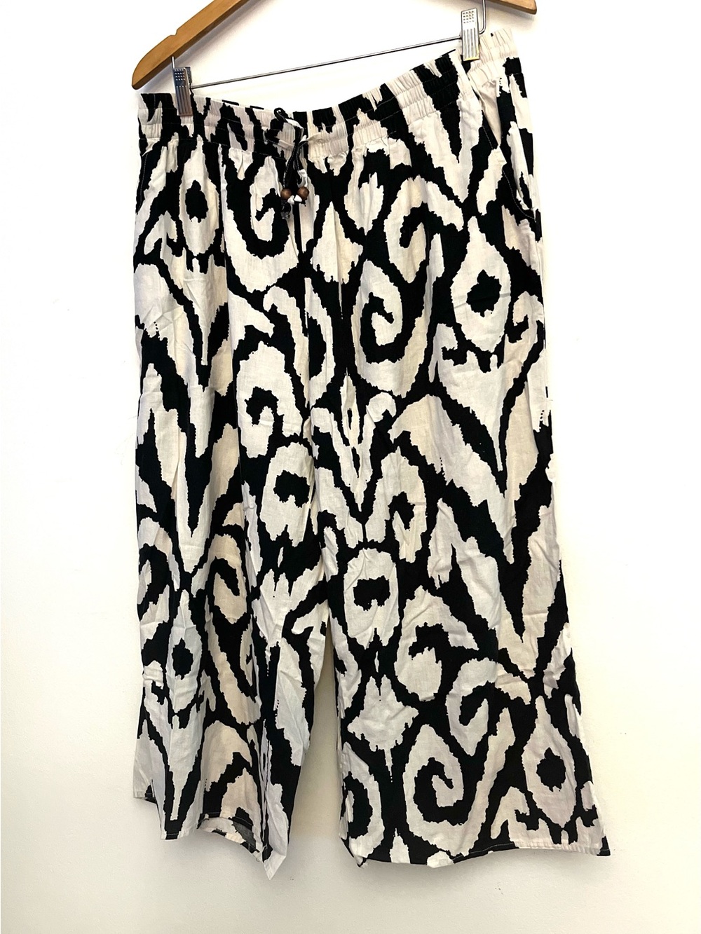 Rachel Zoe Wide Leg Pants Croped Linen Black Cream Pockets Drawstring Size 2X